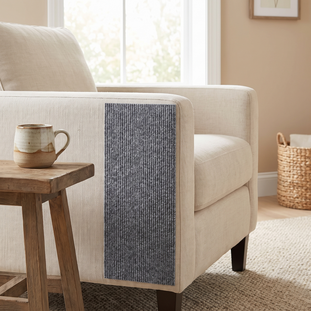 Clawshield scratch guard fitted on the side of a linen armchair