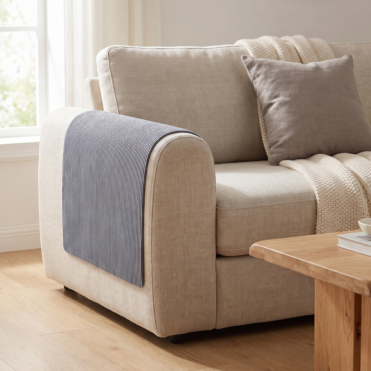 Clawshield scratch guard fitted over a beige sofa arm