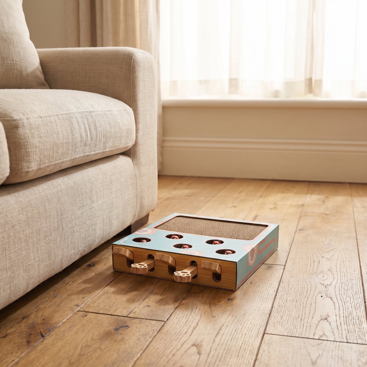 Ambush cat box toy on floorboards beside a linen sofa