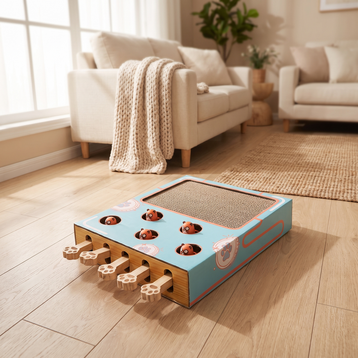 Ambush cat box toy on an oak floor in a calm living room
